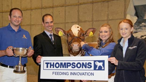 Michael Hunter, left, Crumlin, owned the Ayrshire champion Ardmore Orphan 117, exhibited by Sarah Jones. Adding their congratulations are judge Michael Broadley, Derbyshire; and sponsor Denise Rafferty, Thompsons.