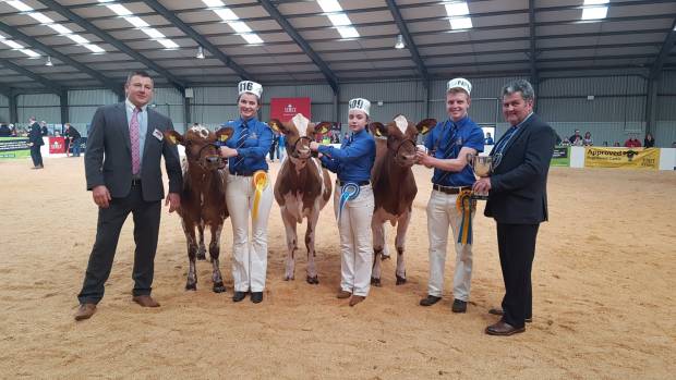 Calf Show - L to R Judge Ian Collins, Beth Granville, Millie Tomlinson, Ifan Wilson, President Keith Davidson 